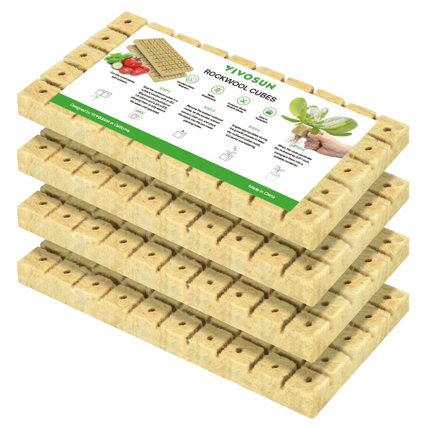 VIVOSUN 1" Rockwool Cubes, 200 Plugs Stonewool Starter Grow Cubes for Cuttings, Cloning, Plant Propagation, Seed Starting, Hydroponic Grow Media for Vigorous Plant Growth, 4 Sheets of 200 Plugs