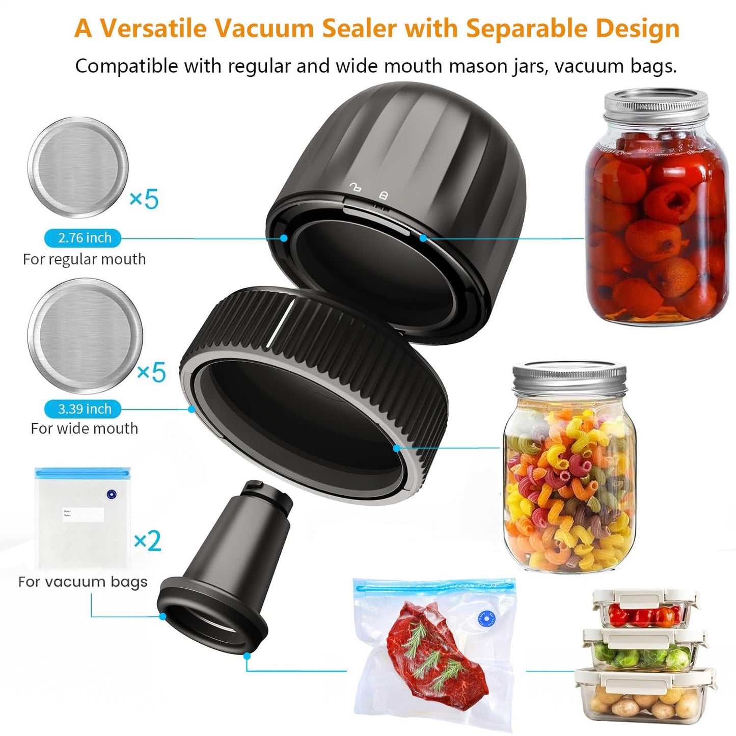 Electric Mason Jar Vacuum Sealer, Upgraded Automatic Vacuum Sealer Kit for Wide and Regular Mouth Mason Jars, Handheld Vacuum Bag Sealer for Food Preservation