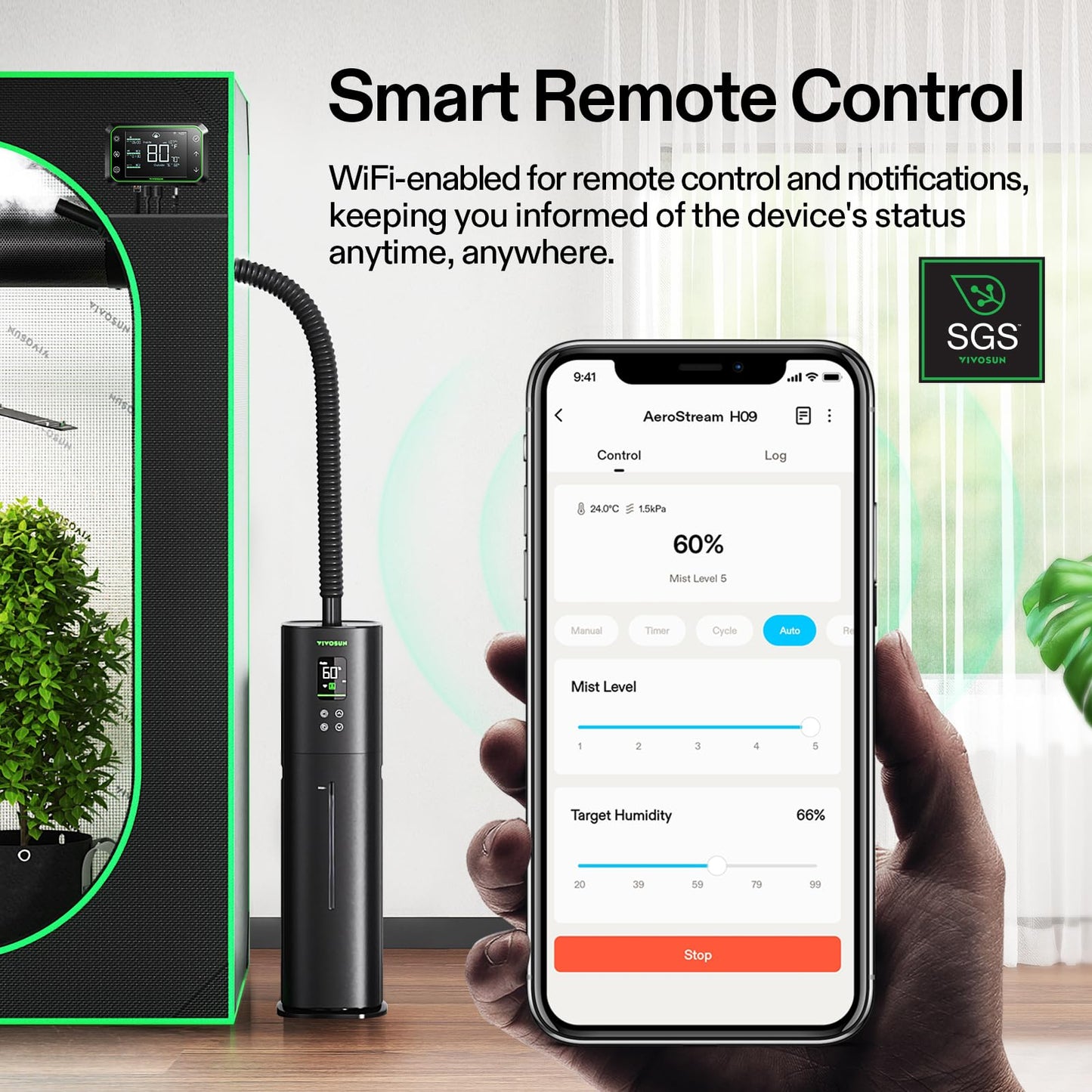 VIVOSUN AeroStream H09 Intelligent Wi-Fi Humidifier, 2.38 Gal / 9 L Humidifier with Temp & Humidity Probe, Smart Remote Control, Designed for Growers