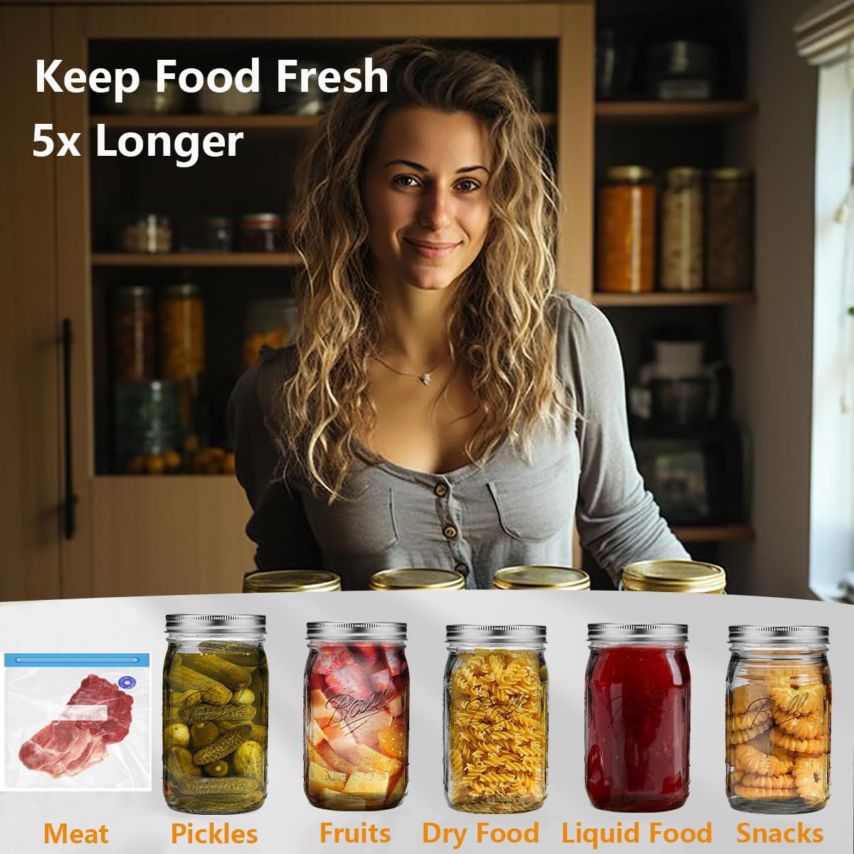 Electric Mason Jar Vacuum Sealer, Upgraded Automatic Vacuum Sealer Kit for Wide and Regular Mouth Mason Jars, Handheld Vacuum Bag Sealer for Food Preservation
