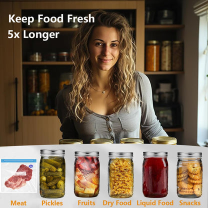 Electric Mason Jar Vacuum Sealer, Upgraded Automatic Vacuum Sealer Kit for Wide and Regular Mouth Mason Jars, Handheld Vacuum Bag Sealer for Food Preservation